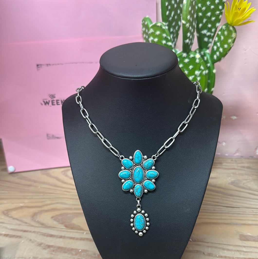 Faux turquoise flower dangle pendent on chain necklace