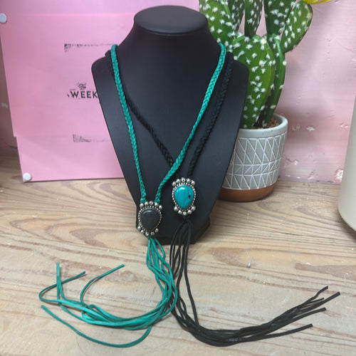 Faux turquoise on braided rope necklace