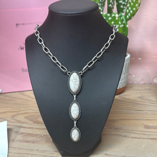 Faux white buffalo triple stone lariat chain necklace