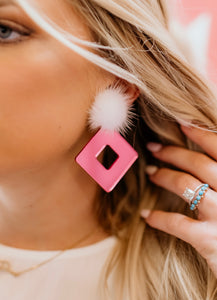Metallic Pink w/White Pom Earrings